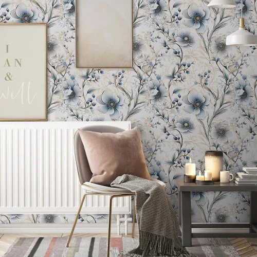 Vista 3 de Papel Pintado Floral Plateado Gris/Azul/Blanco Flores de Amapola de Despegar y Pegar Papel de Contacto Fácil de Despegar Papel Adhesivo para Pegar