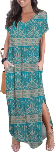 Vista 22 de GRECERELLE - Vestido largo para mujer, holgado, con bolsillos, manga corta y abertura lateral, estilo informal Verde militar