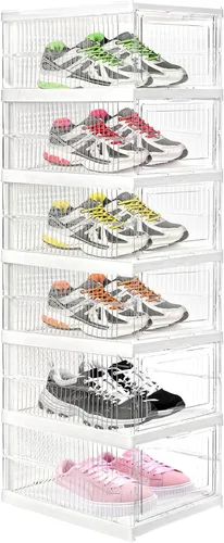 Vista 2 de Hedume Paquete de 6 cajas transparentes apilables para zapatos, caja de almacenamiento de zapatos frontal sin montaje, organizador de zapatos