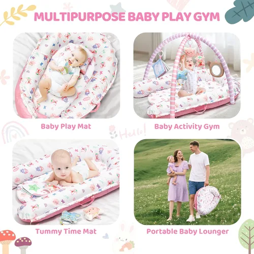 Vista 3 de Tapete de juego rosa para bebé, 7 en 1, tapete de gimnasio infantil para desarrollo sensorial y motor, lavable y portátil, tapete de actividad