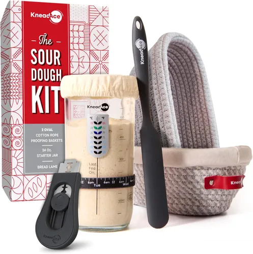 Vista 14 de Kit de Inicio de Masa Madre KneadAce – Tarro de Inicio de 24oz, 2 Cestas de Prueba Banneton de Cuerda de Algodón, Lama Magnética para Cortar