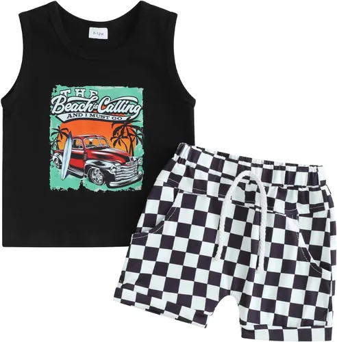 Vista 10 de Ropa de bebé niño sin mangas + pantalones cortos con estampado a rayas con bolsillos, 2 piezas de trajes de verano