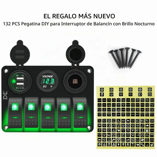 Vista 7 de FXC Interruptor basculante de 5 segmentos con doble ranura USB de 5 V 3.1 A + medidor de voltios + encendedor de cigarrillos para lanchas marinas