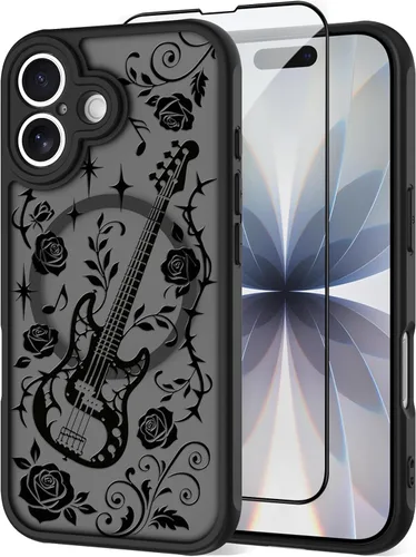 Vista 24 de OOK Funda magnética para iPhone 13 Pro Max [compatible con MagSafe] Funda delgada translúcida mate con flor silvestre negra, protección para lente