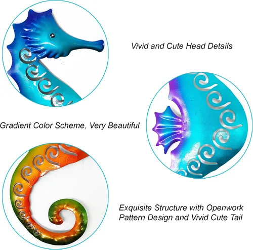 Vista 4 de POXOH - Juego de 3 decoraciones de pared de caballito de mar de metal, temática costera del océano de vida marina para interiores y exteriores, arte