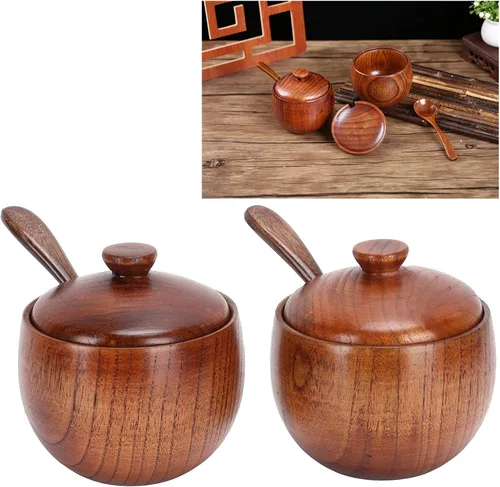 Vista 2 de Paquete de 2 tarros de condimentos japoneses, tarros de especias de madera maciza con tapa y cuchara, contenedor de madera de azufaifo, madera