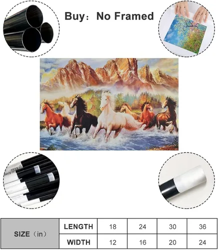 Vista 2 de Pintura al óleo de siete caballos caminando por el río, arte de pared, impresiones de animales sobre lienzo, póster de lienzo para decoración