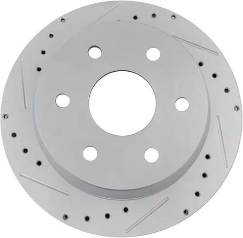 Vista 7 de TRQ Kit de pastillas de freno trasero y rotor de cerámica con revestimiento en G de alta calidad, ranurado X perforado, compatible con 02 Cadillac