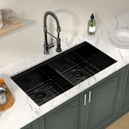 Vista 3 de Lordear 33 Inch Matte Black Double Bowl Kitchen Sinks