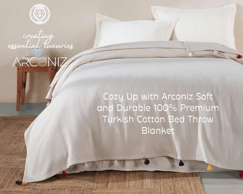 Vista 3 de Manta 100% algodón, suave, lisa y duradera, para sofá, cama, estilo piqué con decoración de pompones, mantas de algodón tamaño Queen, ideal