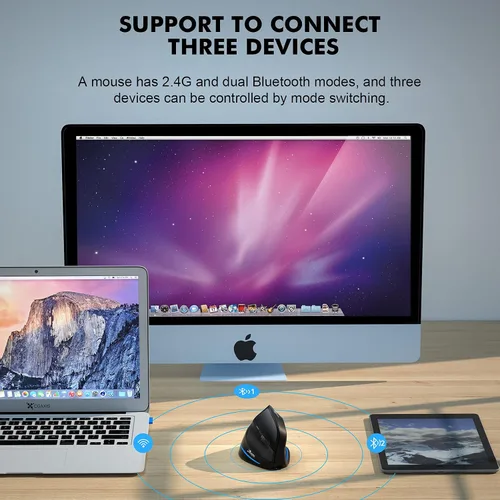 Vista 2 de Ratón ergonómico inalámbrico, mouse Bluetooth vertical con conexión de 3 dispositivos (Bluetooth 5.0 + 5.0 + USB) con 3 DPI 240016001000 ratones
