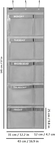 Vista 6 de Organizador semanal de ropa para niños, día de la semana, almacenamiento de ropa escolar, de lunes a viernes, organizador colgante de armario (gris)