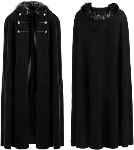 Vista 3 de Capa gótica unisex con capucha y cuello de piel medieval renacentista, disfraz de Halloween Negro