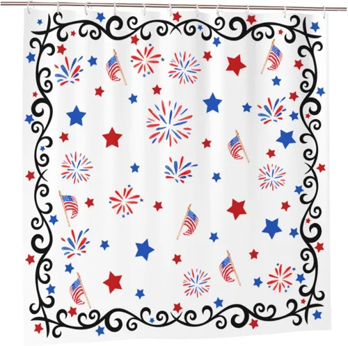 Vista 20 de Cortina de ducha patriótica de Estados Unidos para baño, cortina de baño de secado rápido con estrellas rojas y azules del 4 de julio, bañeras