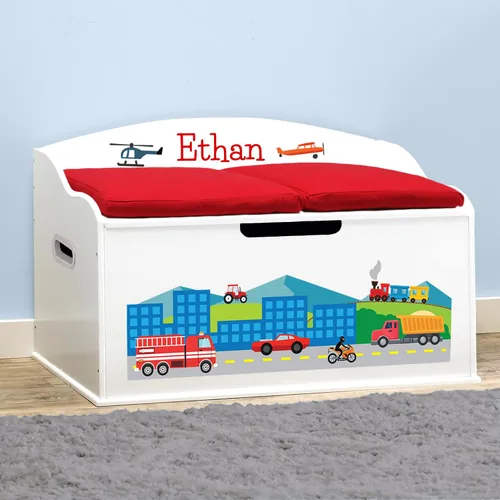 Vista 8 de DIBSIES Caja de juguetes personalizada Creative Wonders, automóviles, camiones, aviones y trenes, 30 x 19.25 x 18 pulgadas, tapa de cierre suave Azul