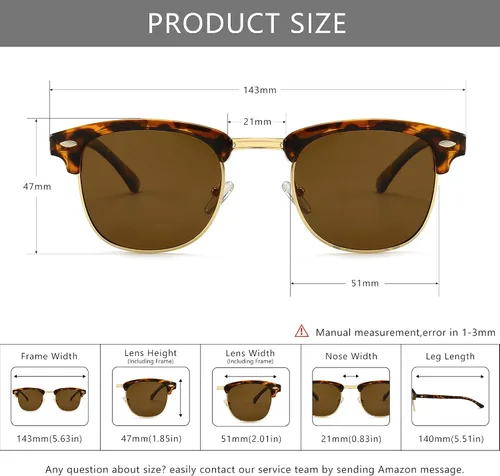 Vista 5 de SUNGAIT Gafas de sol retro clásicas de medio marco con lente polarizada
