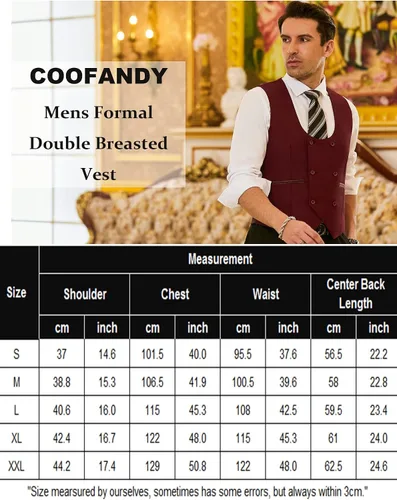 Vista 6 de COOFANDY Chaleco de traje para hombre, ajustado, doble botonadura, chaleco formal de negocios