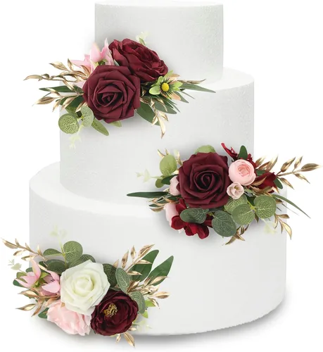 Vista 8 de Rinlong 3Pcs Premade Cake Flowers, Pampas Beige Wedding Cake Decor Beige y almendra