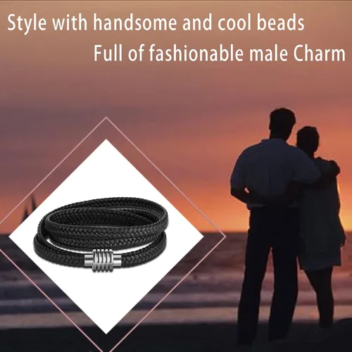 Vista 4 de Pulsera de cuero para hombre, pulsera trenzada negra de acero inoxidable, pulsera ajustable de protección multicapa para mujer