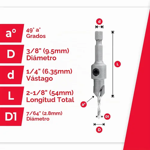 Vista 4 de Amana Tool - 55264 - Broca con punta de carburo para avellanado de 82°, Diámetro de 3/8 x 49 Grados x 1/4 de liberación rápida