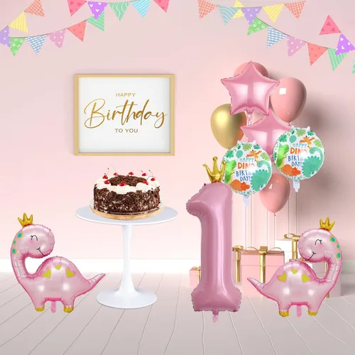 Vista 7 de 7 globos de dinosaurio con corona rosa, globos de aluminio Mylar para cumpleaños de niñas, suministros de primera fiesta color rosa