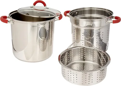 Vista 2 de EXCELSTEEL Olla para pasta multifunción de acero inoxidable de 12 cuartos con base encapsulada, tapa de vidrio ventilada y asas cubiertas