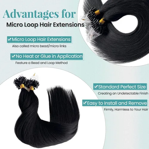 Vista 5 de Extensiones de Cabello Micro Link Negro Extensiones de Cabello Micro Loop Cabello Humano Real Paquetes Sin Trama Fusión Fría 50s 50g #1 Negro M#Jet