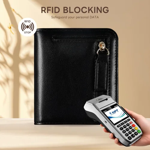 Vista 4 de Cartera pequeña para mujer, con bloqueo RFID, de cuero, plegable, compacta, tarjetero para mujer, con cremallera, bolsillo para monedas, ventana