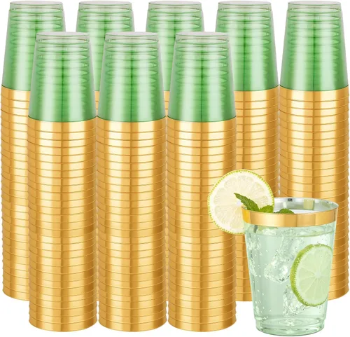 Vista 11 de Supernal 100 piezas de vasos de plástico azules, vasos desechables transparentes azules claros de 10 onzas con borde dorado, vasos de plástico