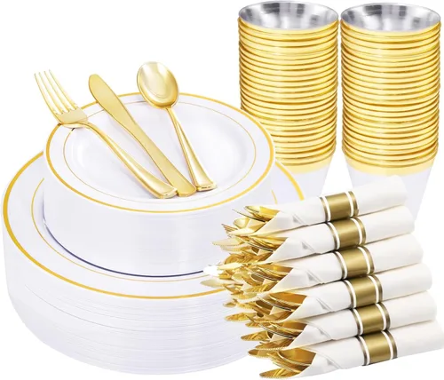 Vista 13 de WELLIFE 210 vajilla de plástico negro con servilletas preenrolladas, incluye: 30 platos llanos, 30 platos de postre, 30 servilletas de papel, 30