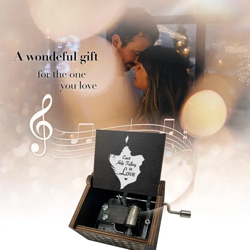 Vista 5 de Caja de música de madera, Can't Help Falling in Love con manivela grabada con láser, cajas musicales de madera vintage, regalo para amante, novia