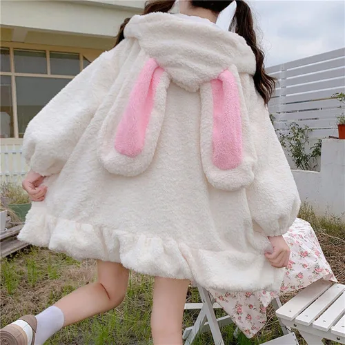Vista 6 de Sudadera con capucha para mujer, con orejas de conejo, de manga larga, mullida, con capucha y abrigos