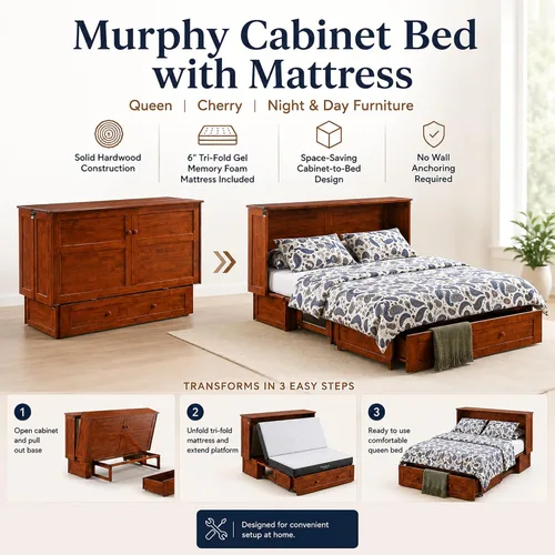 Vista 3 de Cama armario Murphy con colchón, cereza, reina, de Night & Day Furniture
