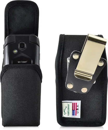 Vista 8 de Turtleback Funda ajustada para DuraXV LTE Verizon Flip Phone de cuero negro con trinquete resistente, funda de metal extraíble con clip