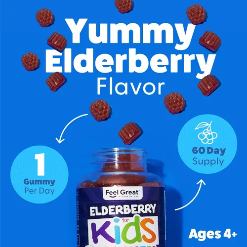 Vista 6 de Feel Great Kids - Gomitas de saúco con zinc y vitamina C Apoyo inmunológico Sambucus Saúco Multivitaminas veganas para niños con sabor a bayas