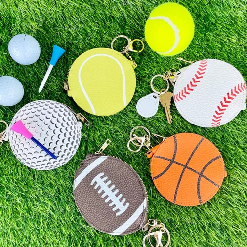 Vista 7 de Mini Momo Llavero deportivo para monedero, monedero, colgante Llavero de juego de pelota, bolsa con cremallera, lindo tenis, baloncesto, béisbol