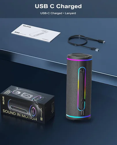 Vista 8 de MLOVE Altavoces E80 Bluetooth inalámbricos, altavoz Bluetooth portátil con entrada auxiliar, ranura para tarjeta micro SD, Bass Up, TWS, luces RGB