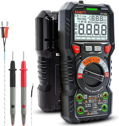 Vista 2 de KAIWEETS Multímetro digital TRMS 6000 cuentas ohmímetro y 23 piezas de cables de prueba de silicona suave kit para multímetro con pinzas