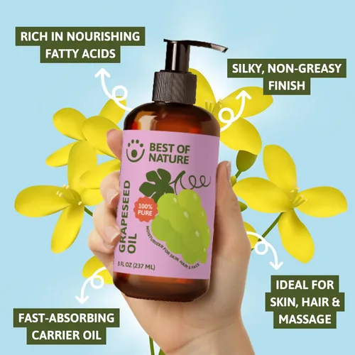 Vista 7 de Best of Nature Aceite corporal y masaje de semilla de uva 100% puro, sin perfume, ligero y no graso para cabello, piel, cara y aceite portador