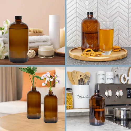 Vista 4 de Cornucopia - Botellas de cultivo de kombucha ámbar de 32 onzas, paquete de 4, botellas redondas de vidrio Boston de 1 cuarto de galón con 6 tapas