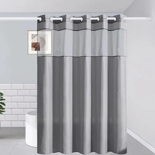Vista 10 de Furlinic Cortina de ducha pequeña de 36 x 72 pulgadas, no necesita ganchos, cortinas de baño de tela de tamaño medio con ventana transparente, Gris