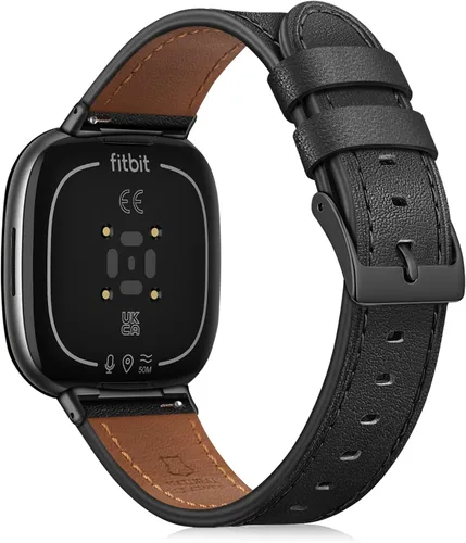 Vista 8 de Fintie Bandas compatibles con Fitbit Versa 4 3 / Sense 2 1, correa de repuesto de cuero genuino (negro)