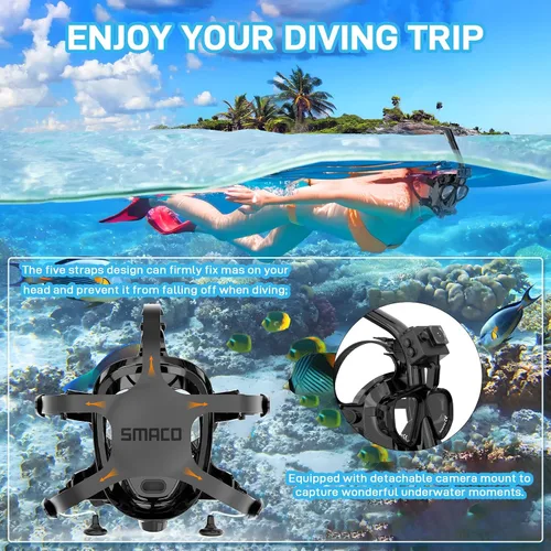 Vista 5 de Máscara de buceo de cara completa, soporte de buceo y esnórquel, máscara de esnórquel de cara completa, máscara de buceo ajustable con soporte
