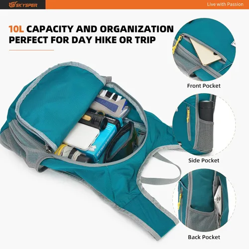 Vista 3 de SKYSPER Mochila de senderismo de 10 litros, pequeña mochila de senderismo plegable y ligera, paquete de día de viaje para mujeres y hombres (cian)