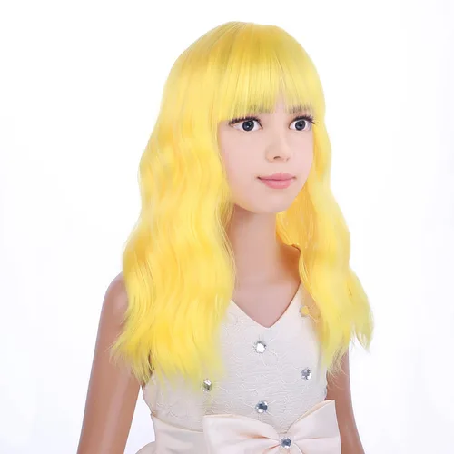 Vista 2 de PATTNIUM Peluca amarilla para niños, peluca corta ondulada amarilla con flequillo para niños, peluca amarilla sintética para niñas, cosplay, fiesta