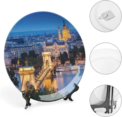 Vista 4 de XISUNYA Plato decorativo de 6 pulgadas, placa de porcelana con paisaje urbano, puente histórico antiguo en Budapest, impresión tradicional europea
