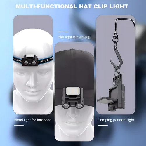 Vista 5 de Linterna frontal LED recargable, sombrero con clip de luz en la tapa, luz de clip de 400 lúmenes con sensor de gestos, 5 modos, linterna con clip
