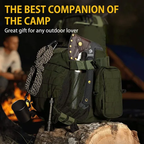 Vista 4 de NedFoss Bison Hacha táctica de hacha de 9.8 pulgadas, hacha Tomahawk con funda de cuero genuino y mango G10, equipo de campamento compacto con hacha