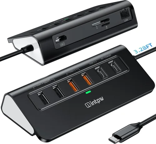Vista 12 de intpw P9R PRO USB C Hub Ethernet, Estación de acoplamiento USB C de 10Gbps 10-en-1 con HDMI 4K@60Hz, Tipo-C y 2 USB A 3.2 Datos, LAN, 2 USB A 2.0