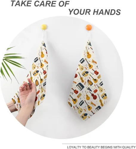 Vista 4 de Toallas de mano con estampado de instrumentos musicales retro para baño, cocina, bonitas toallas de cocina colgantes con lazo para colgar, toalla